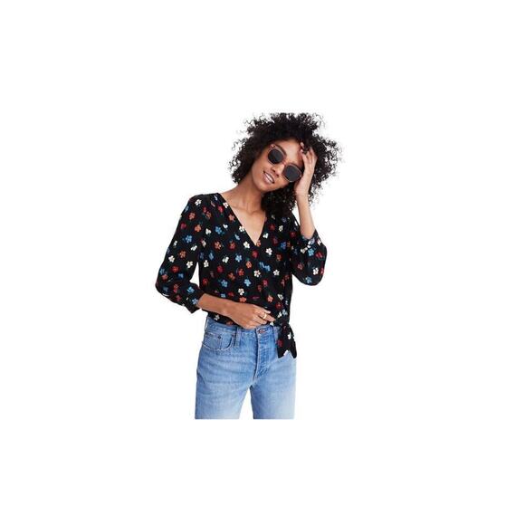 Madewell Tops - Madewell Wrap Top Shirt Pressed Flowers Small M Manet True Black Viscose Blouse